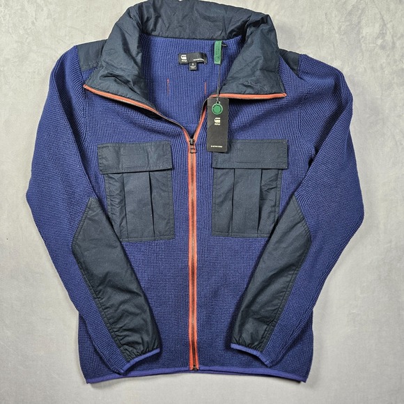 NEW G Star Raw Jacket Mens Small Blue Cargo Zip Knit Pockets Outdoor Designer